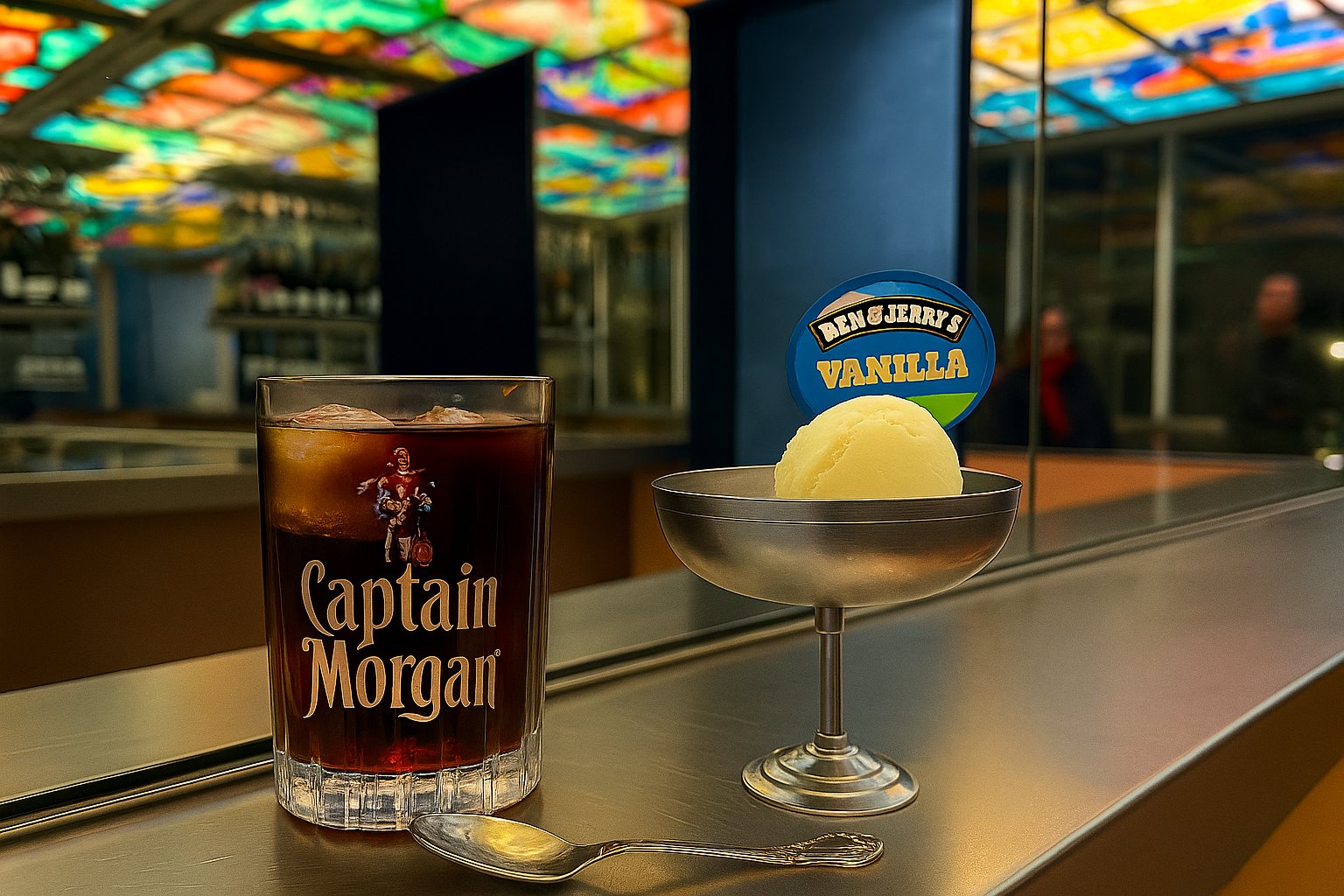 Captain Morgan and vanilla ice cream at a bar