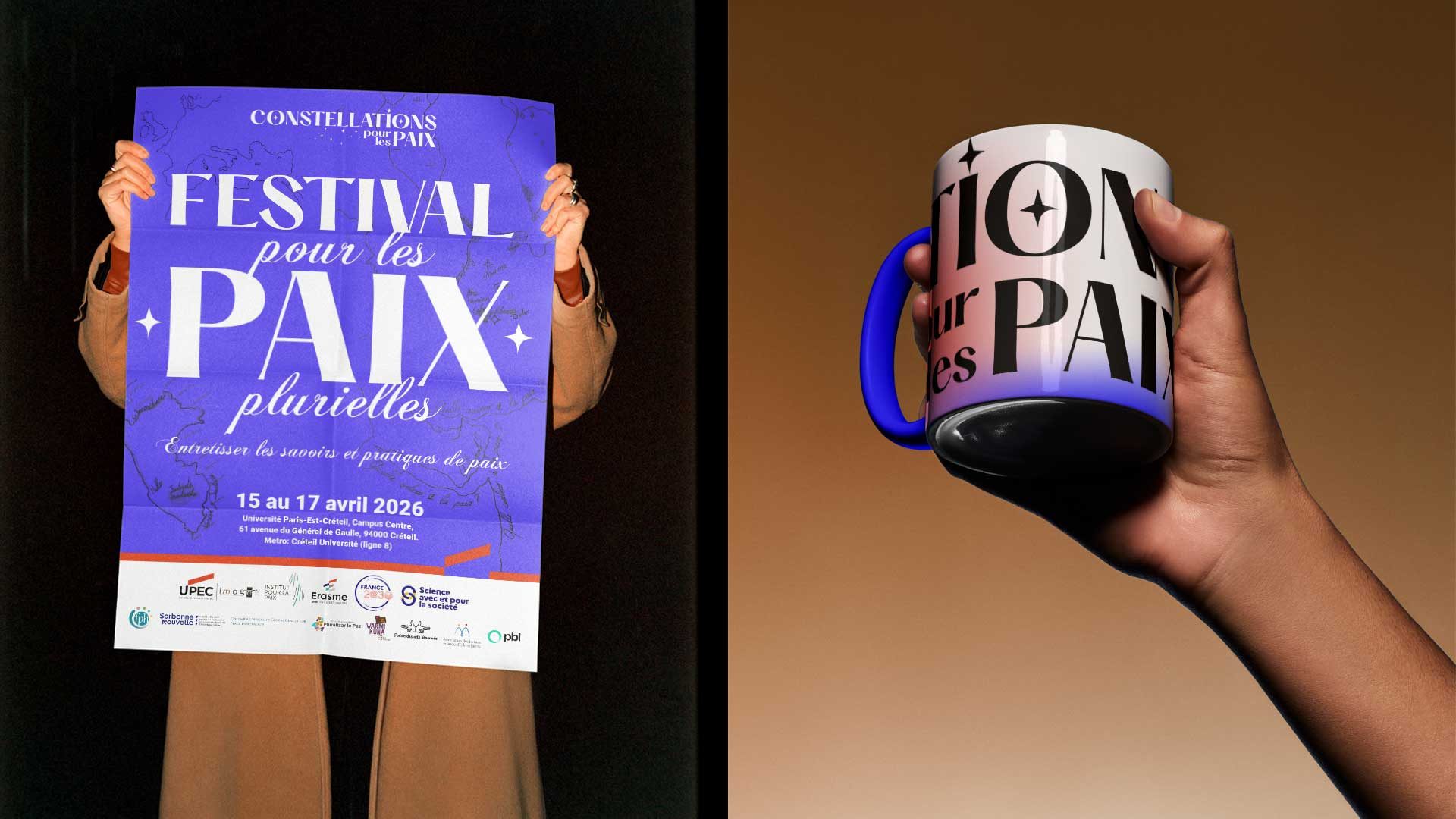 Festival poster held up, and a branded mug