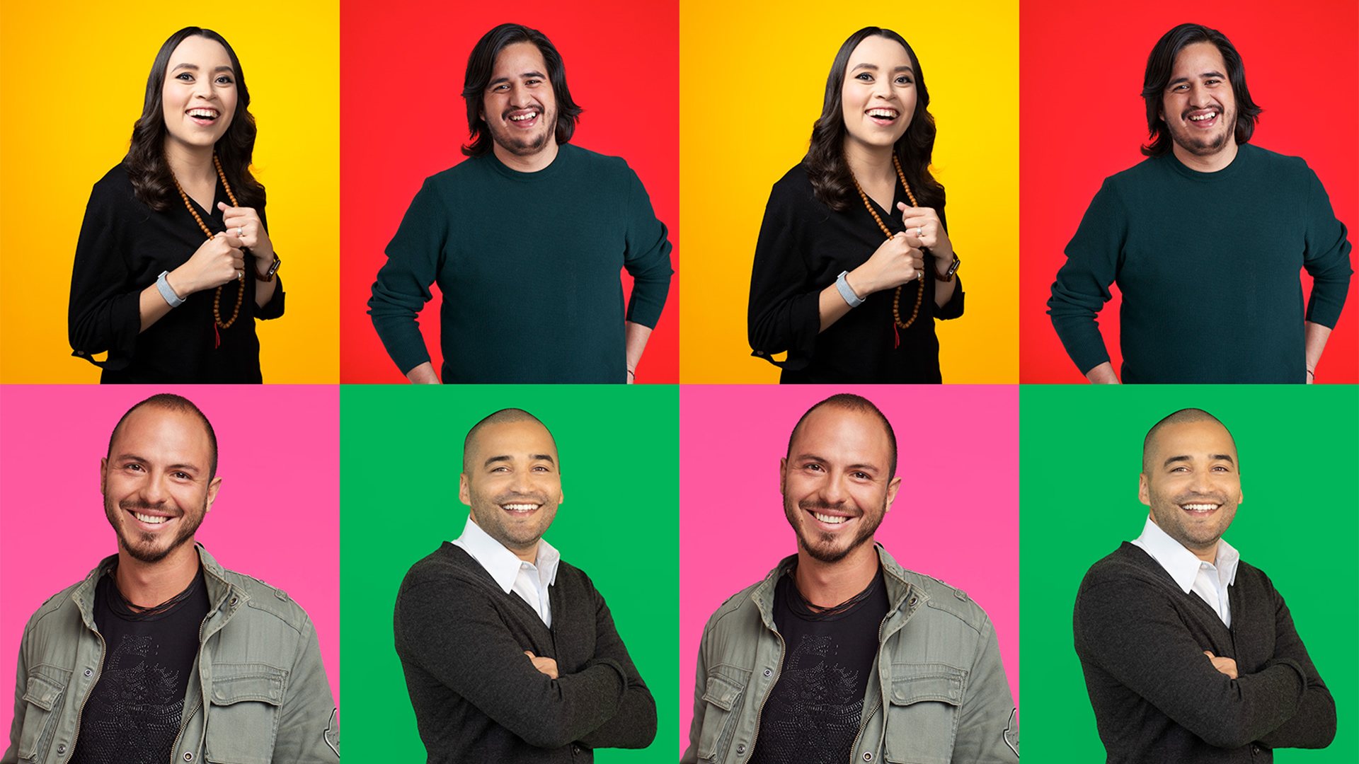 Employee portraits on yellow, red, pink and green