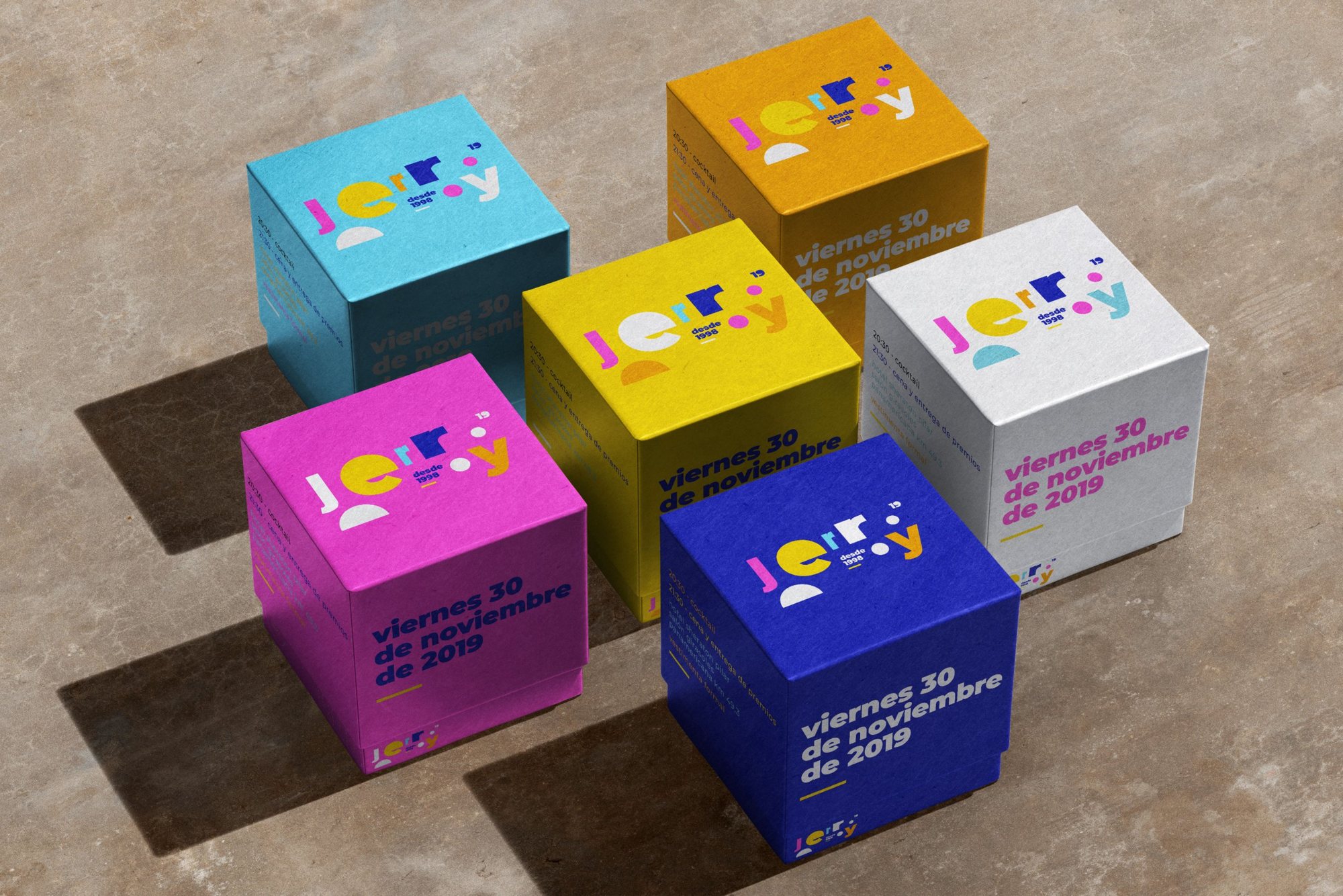 Gift boxes in the six brand colours