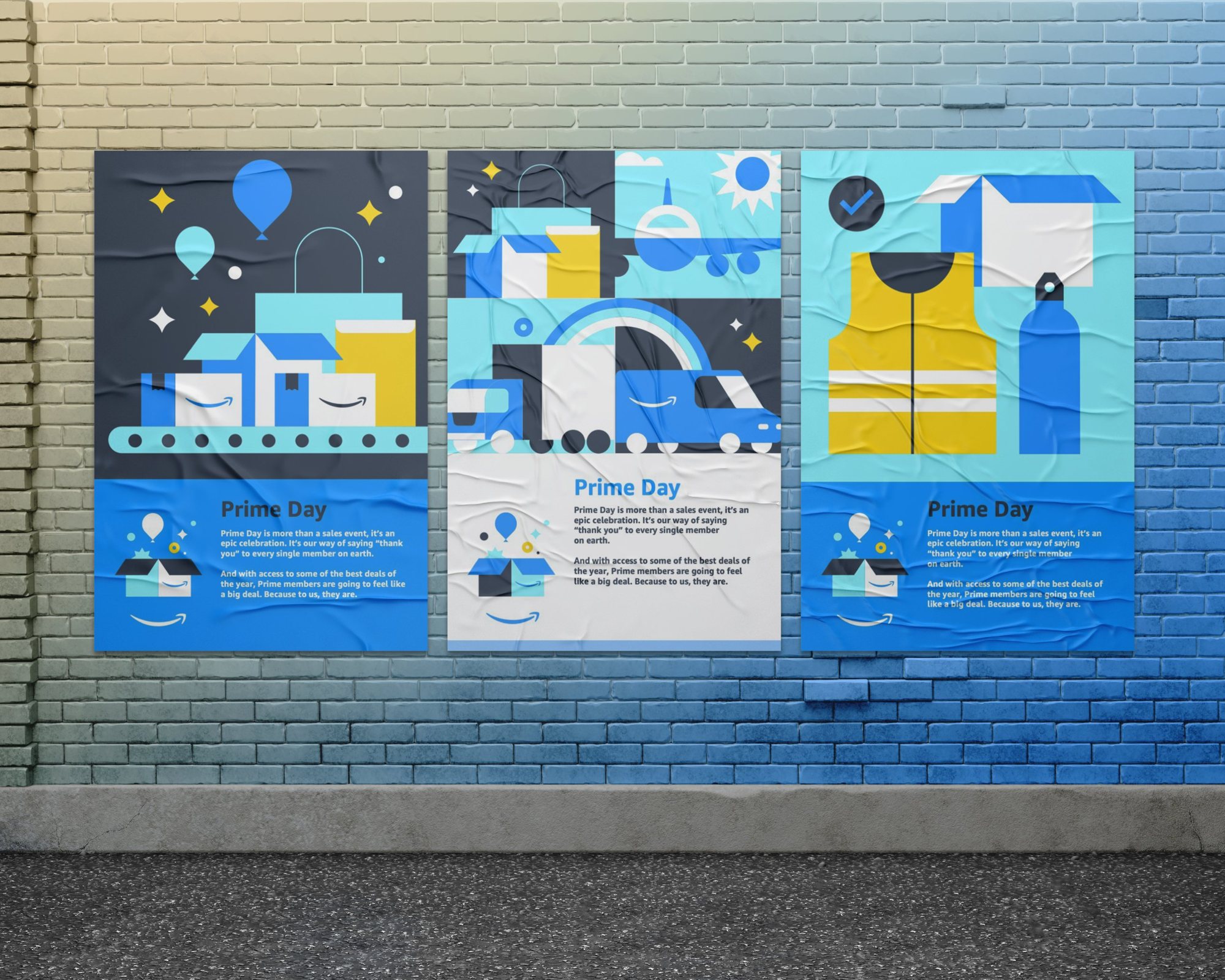 Three Prime Day posters on a brick wall