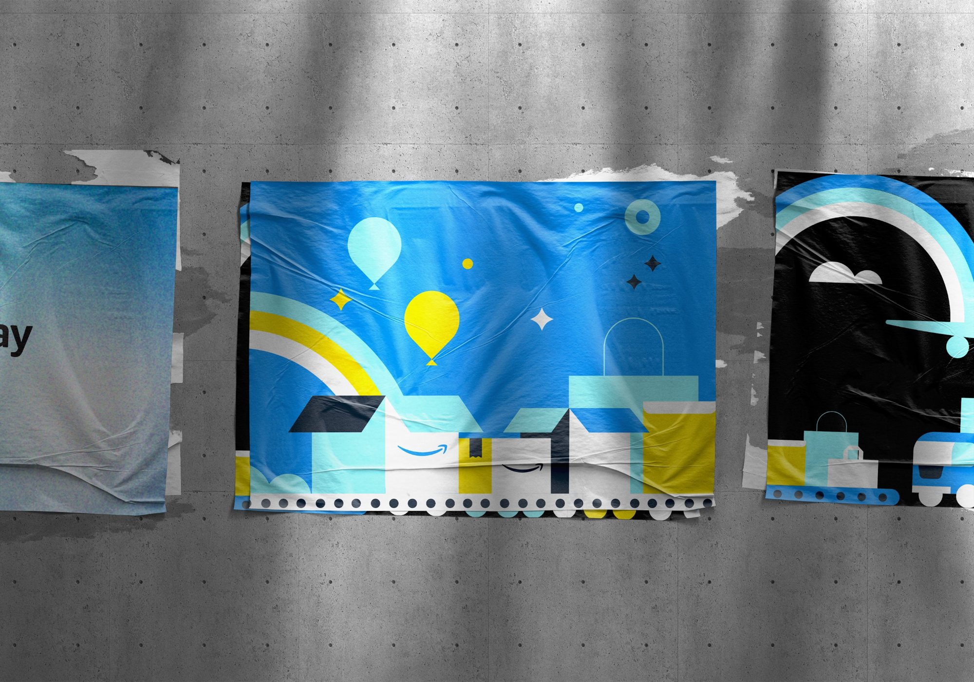 Illustrated posters on a concrete wall