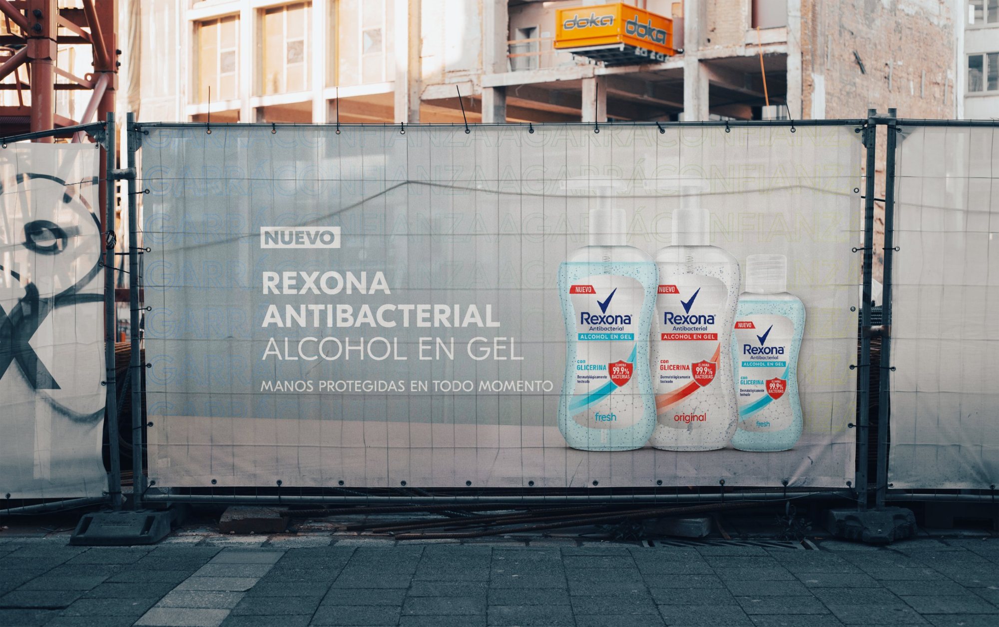 Rexona Antibacterial banner on a construction fence